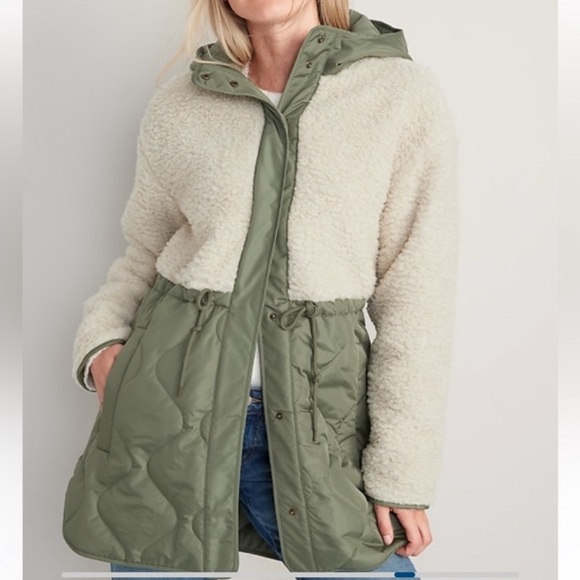 Hooded Sherpa Quilted Hybrid Coat Old Navy green ivory medium Tall MT - Picture 1 of 10